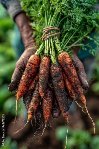 bundle of freshly harvested carrots with green tops bound by twine held by dirt stained hands, ready for farmers market display