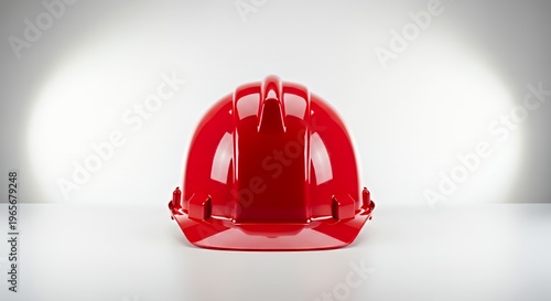 Red construction safety helmet on white background with dramatic lighting