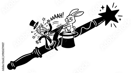 Minimalist Magic Wand with Rabbit and Magician Line Art, Monochrome Vector Illustration of Cartoon Slapstick Humor