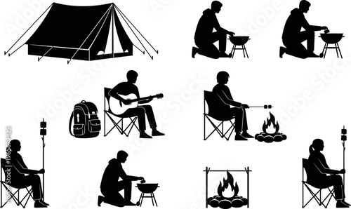 Black camping silhouettes set featuring tent, campfire, people grilling, playing guitar, roasting marshmallows, and hiking gear for outdoor adventure designs.