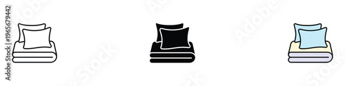 Folded blankets and pillows icon set. Comfortable bedding and home textile symbol. Vector Illustration.