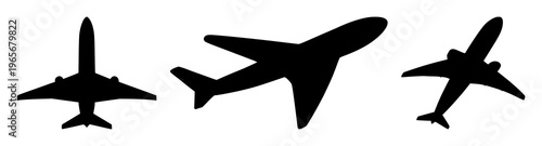 Airplane icon set with dynamic solid black silhouette on white background featuring flight, travel, aviation with aircraft and jet