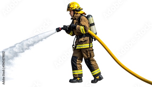 A firefighter in full gear, helmet, and breathing apparatus, sprays water from a high-pressure hose, posing against a white background