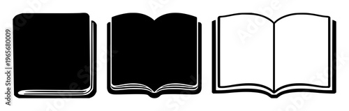 Solid black icon, white background: dictionary book icon set with simple line art design featuring sketches, drawings, vector graphics with minimalist and simple illustrations