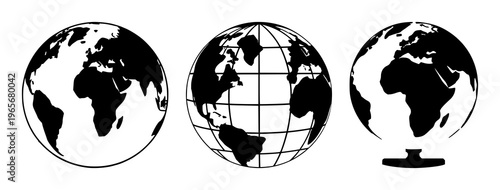 Solid black icon, white background: world globe education set with simple line art design featuring line art, illustrations, graphic resources with vector and design elements