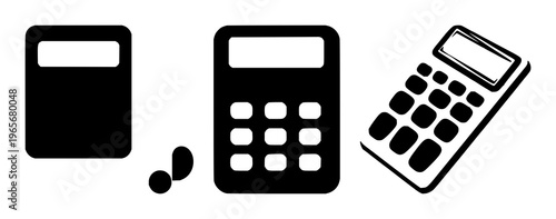 Solid black icon, white background: calculator icon set with simple line art design featuring outline, illustration, graphic elements with clean design and vector art