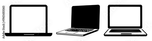 Laptop icon set with solid black shape on white background featuring e-learning, laptop, education with iconography and digital devices