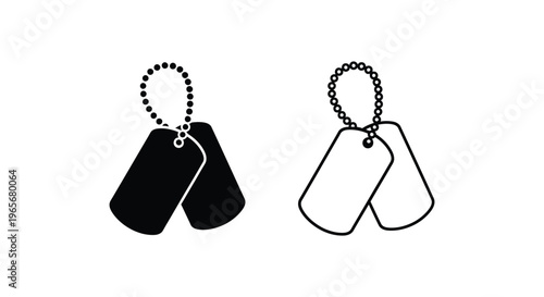 Military dog tags vector icons, black silhouette and outline army identification tags on bead chains, soldier identity pendants for memorial design