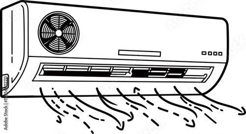 Detailed line art of air conditioner unit with air circulation.