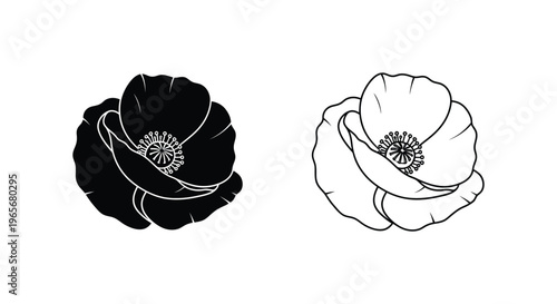 Minimalist poppy flower vector icons, black silhouette and line art floral illustrations, botanical poppy blossom set for wedding stationery and logo design