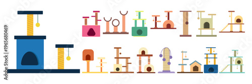 Colorful Flat Cat Tree Furniture Pet Illustration Set