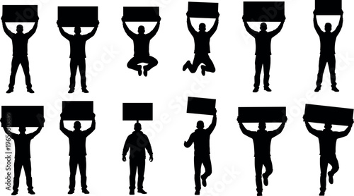 Silhouette of men holding blank protest signs and banners in various jumping and standing poses for activism and message promotion