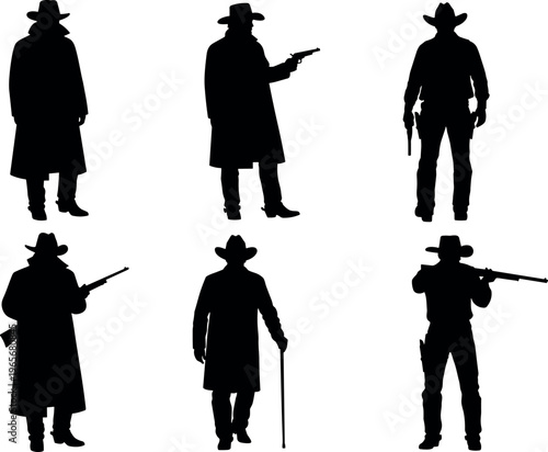 Six Wild West Cowboy Silhouettes Set featuring Outlaws and Sheriffs with Rifles Revolvers and Long Coats for Vintage Western Vector Designs
