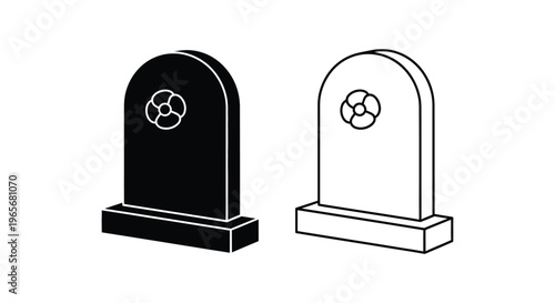 Minimalist tombstone vector icons, black and white gravestone symbols with flower detail, cemetery headstone line art for funeral and memorial design