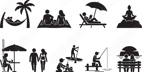 Black and white depicting various leisure and lifestyle activities including travel and relaxation