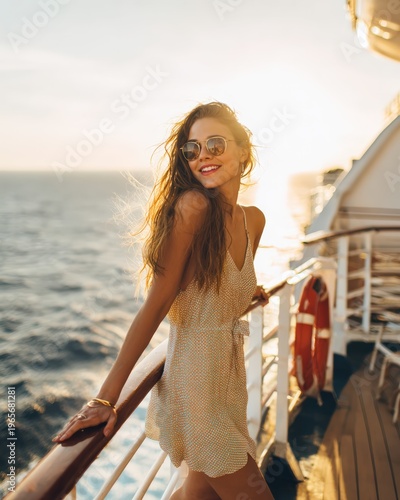 Happy woman smiling on cruise ship at sunset