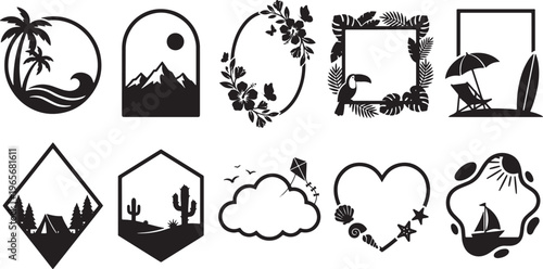 Black and white line collection of diverse and symbols including animals plants and tools line symbols
