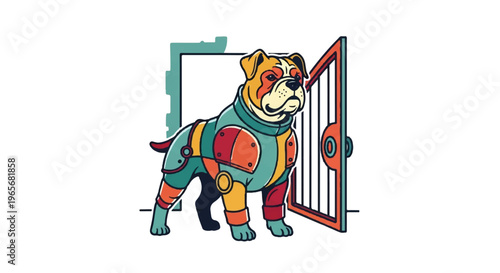 Dog in futuristic armor beside a gate illustration