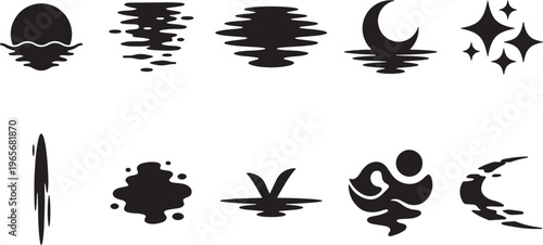 Black and white line collection of various and symbols including a magnifying glass bird and crescent moon