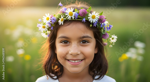 Happy young girl wearing flower crown in sunny summer meadow