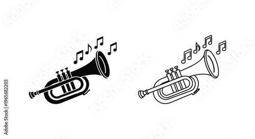 Musical trumpet vector icons with floating notes, black silhouette and line art brass instruments, jazz and orchestral music equipment set