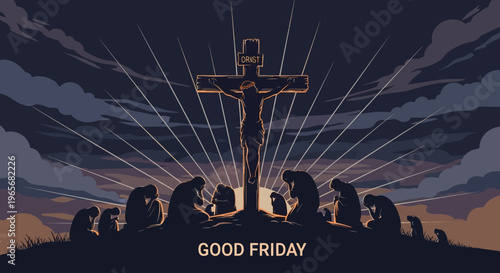 A solemn Good Friday illustration depicts a group of figures kneeling before a crucifix as rays of light emanate from behind it, symbolizing devotion and remembrance
