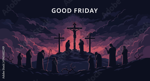 GOOD FRIDAY-a solemn illustration depicting the crucifixion of Jesus Christ and onlookers on a hill at dusk