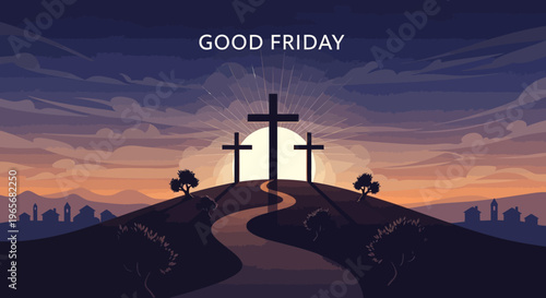 A powerful and evocative illustration showing three crosses on a serene hilltop during sunset, symbolizing faith, sacrifice, and spiritual contemplation