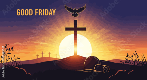 Dramatic depiction of spiritual renewal at dawn, with a prominent cross symbolizing ultimate sacrifice and an empty tomb heralding resurrection, stirring hope for new beginnings
