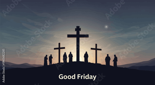 Stylized illustration of three crosses on a hill at twilight, with figures observing a profound spiritual event, symbolizing sacrifice, redemption, and historical faith