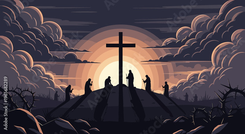 Sunrise Scene with a Cross and Silhouetted Figures on a Hilltop Surrounded by Barbed Wire, Symbolizing Sacrifice and Faith