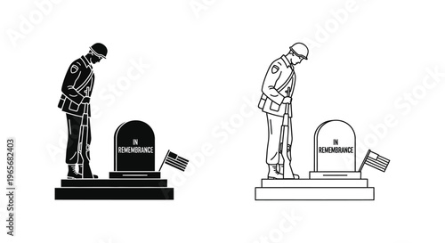 Military remembrance day vector icons, soldier standing at grave of fallen hero, memorial day silhouette and line art set for veterans tributes