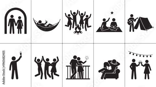 Black and white line of diverse people in various activities and settings line people family