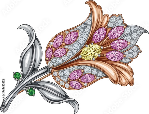 A beautifully designed flower brooch with pink and white gemstones and a silver stem