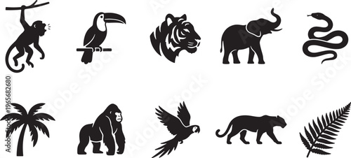 Black and white line of various animals including mammals birds insects and reptiles line animals