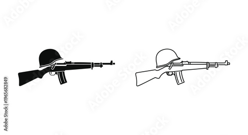 Military rifle with soldier helmet vector icons, vintage assault rifle and combat gear silhouettes, war memorial and infantry equipment set