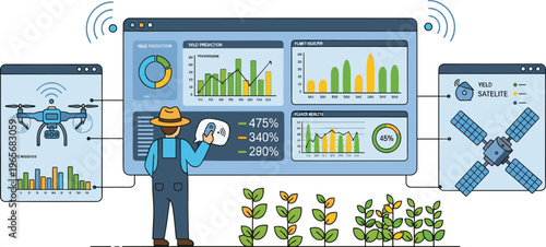 Smart farming data analytics vector illustration with farmer dashboard satellite drone monitoring and precision agriculture technology system
