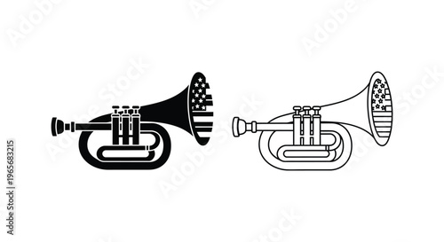 Patriotic trumpet vector set with American flag pattern, musical instrument icons in black silhouette and line art, military bugle for memorial day
