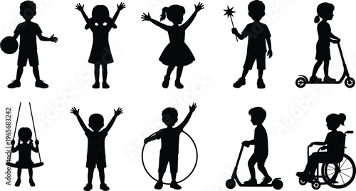 Kids silhouettes playing and enjoying activities with toys, scooter, swing and hoop, children in happy poses isolated on white background illustration set