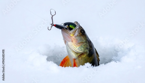 A fish emerges from a hole in the snow, a lure caught in its mouth. The cold environment is evident, capturing a moment of ice fishing