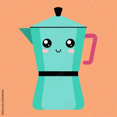 A teal colored moka pot featuring a minimalist smiling face and a pink handle stands against a solid peach background as a flat vector illustration.
