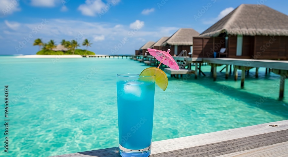 Naklejka premium Tropical cocktail with ocean view with overwater bungalows in the Maldives.
