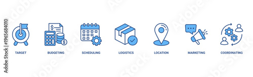 Event management banner web icon vector illustration concept with icon of target, budgeting, scheduling, logistics, location, marketing, and coordination