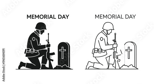 Memorial Day soldier silhouette and line art icons, kneeling military veteran at grave of fallen hero, patriotic army remembrance vector set