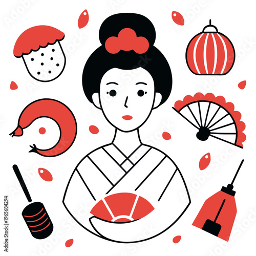 A Japanese geisha is surrounded by traditional items like a lantern and fan in a black and white line art illustration with red accents.