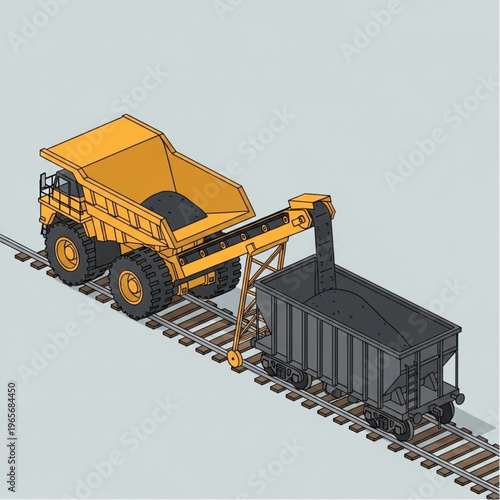 Isometric Illustration - Mining Truck Unloading into a Train Car.