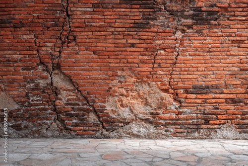 Textured backdrop of a weathered brick wall and stone floor