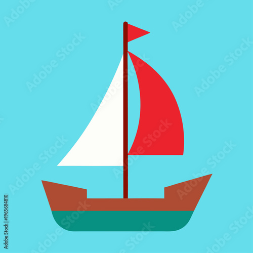 A flat vector illustration of a traditional junk boat with a brown hull and one red sail and one white sail on blue water.