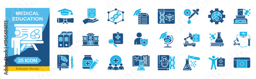 Medical Education web icon set In Blue Monochrome.�Student, learning, book, collection. Editable stroke. Vector illustration. 
