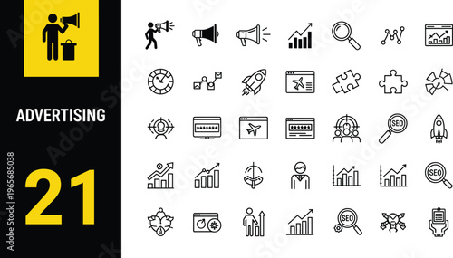 Advertising marketing line icon set with analytics growth megaphone seo and business strategy elements for digital design